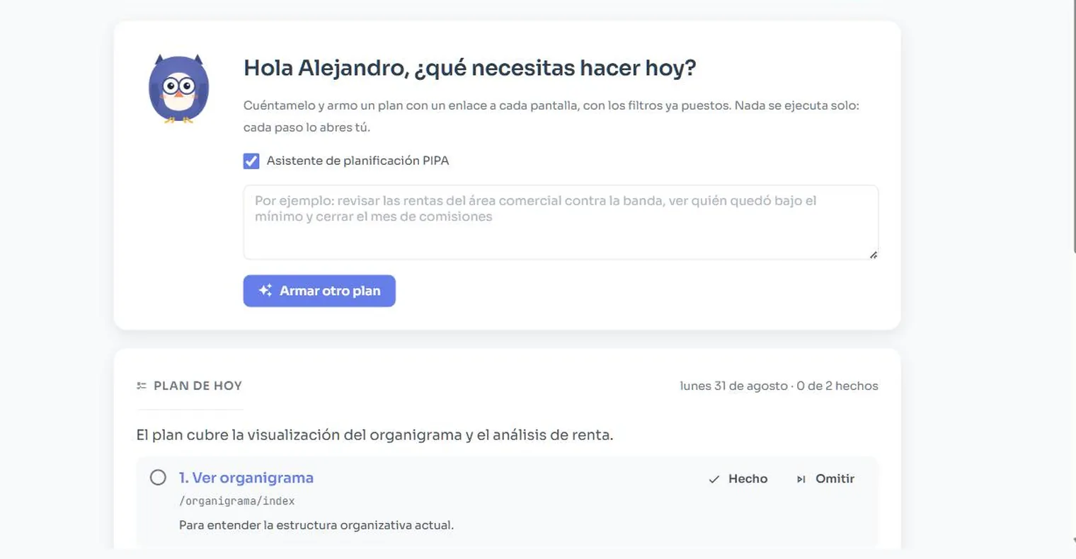 El plan del día en la portada: el asistente propone los pasos del día, cada uno enlazado a su pantalla, y advierte que nada se ejecuta solo.